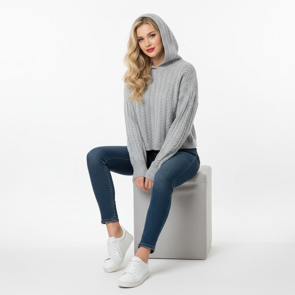 Express Medium Grey Cable Knit Cropped Hoodie Sweater - Picture 2 of 8